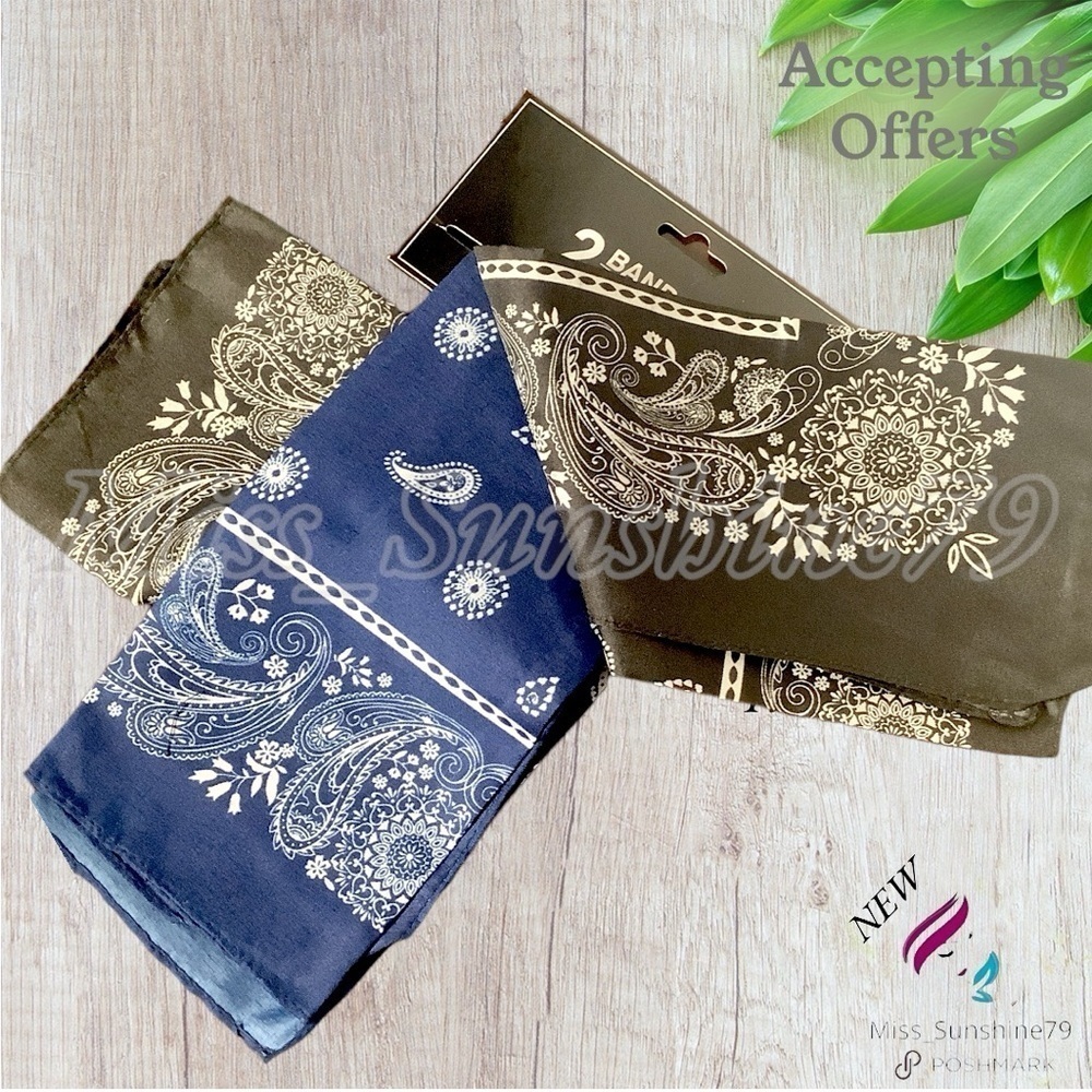 NEW - 2 Bandanas - floral boho paisley satin shine - no see thru